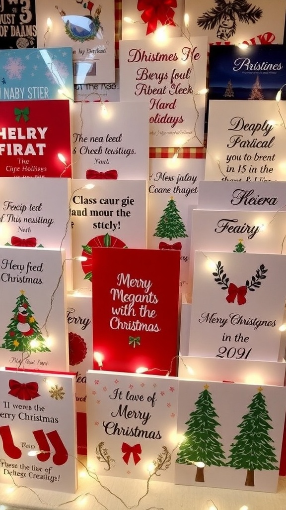 A collection of colorful Christmas cards with festive designs and heartfelt messages.
